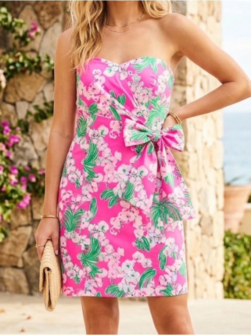 Lilly Pulitzer Hot Pink Floral Strapless Tie-Waist Dress size 6 - Picture 5 of 6